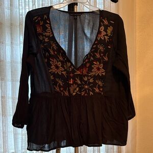 Floral Embroidered Navy Blue Ruffled Top